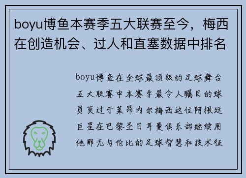 boyu博鱼本赛季五大联赛至今，梅西在创造机会、过人和直塞数据中排名第一