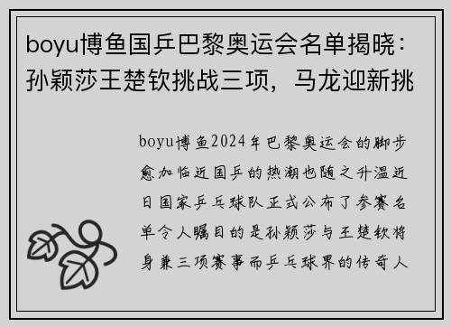 boyu博鱼国乒巴黎奥运会名单揭晓：孙颖莎王楚钦挑战三项，马龙迎新挑战